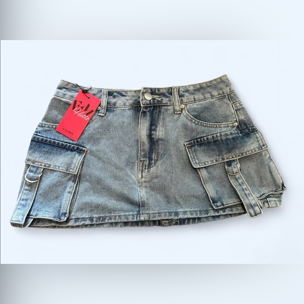 Denim Cargo Mini Skirt w/ Buckle Strap - NWT